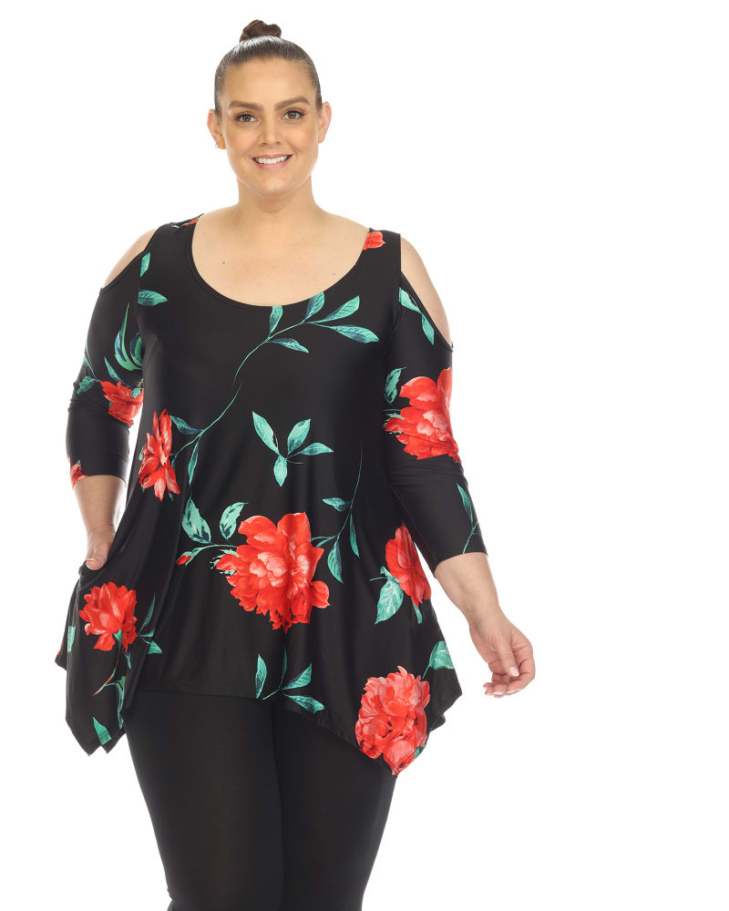 Front of a model wearing a size 1X Antonia Cold Shoulder Tunic in Black/Red by White Mark. | dia_product_style_image_id:282459
